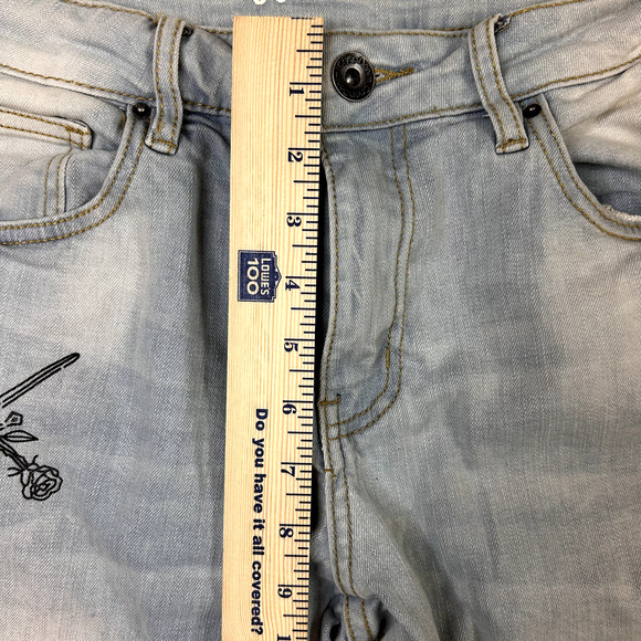 Crysp Denim Jeans Men’s 30 Blue Skinny Distressed Graphic Script Streetwear - Picture 14 of 16